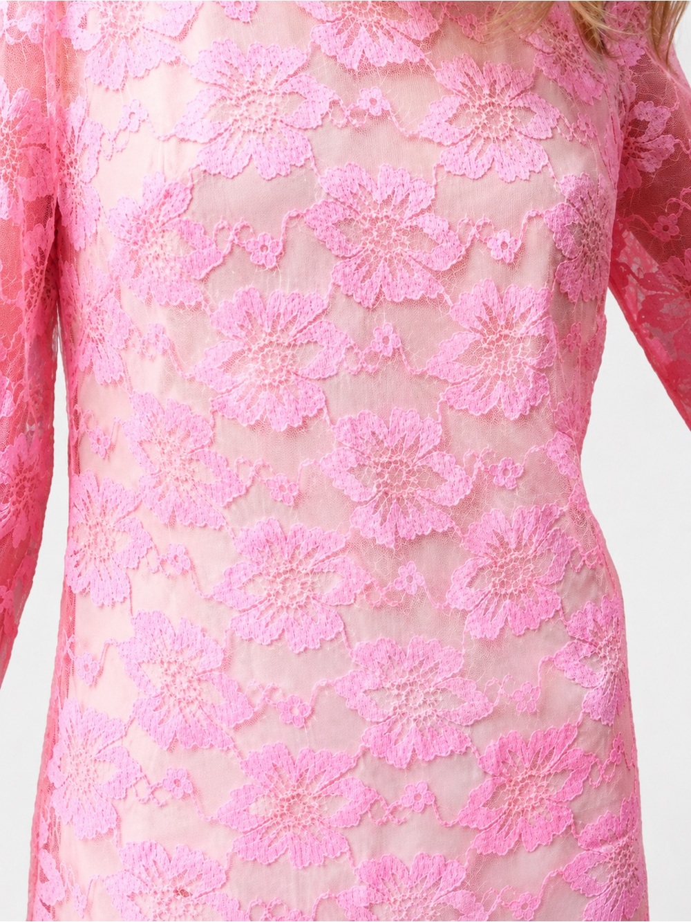 VTG 60s Neon Hot Pink Floral Lace Shift Mini Dress • Nude Slip • 3/4 Sleeve • S - Picture 6 of 16